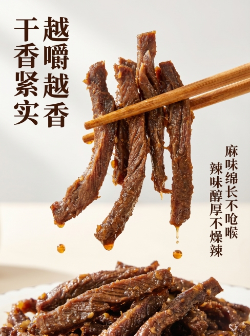 [主图-4] 口感体验展示，突出干香紧实有嚼劲
[氛围风格] 真实咀嚼感食欲诱惑
[画质] 高清商业美食摄影，质感真实细节清晰
[元素] 筷子夹起几根冷吃牛肉条，悬空展示清晰纹理，牛肉丝丝缕缕纹理清晰预览效果