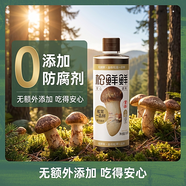 [主图-2] 0添加防腐剂核心卖点溯源图。[氛围风格] 自然松茸产地风格，突出天然安全；[画质] 商业摄影质感、光线柔和通透、产品清晰真实、画面干净高级。[元素] 一瓶金标松茸一品鲜产品放在画面右侧，左侧搭配云南山林新鲜松茸产地背景，完整展示新鲜松茸菌菇原料，突出天然来源。保持产品外观与输入产品图绝对一致，杜绝任何变形和色差，精细化处理。商品主体占比约65%，画面满屏无边框。[光影] 自然山林暖阳逆光，突出松茸通透肉质和产品干净质感，光线柔和有层次。[配色] 主色调为山林深绿色、松茸棕褐色，搭配产品白色瓶身，自然清新。[视角构图] 平视，产品和松茸双主体构图，景深自然。[文字版式] 左侧超大金色数字 "0" 叠加在深绿色半透明块上，旁边文案 "添加防腐剂" 白色大字，主卖点醒目；下方小字文案 "无额外添加 吃得安心" 白色。所有文字对比清晰，不遮挡产品主体。[比例分辨率] 1:1比例，2k分辨率；文字清晰可辨，超高清。[负向提示词] 变形，水印，文字错乱，产品图模糊，背景杂乱