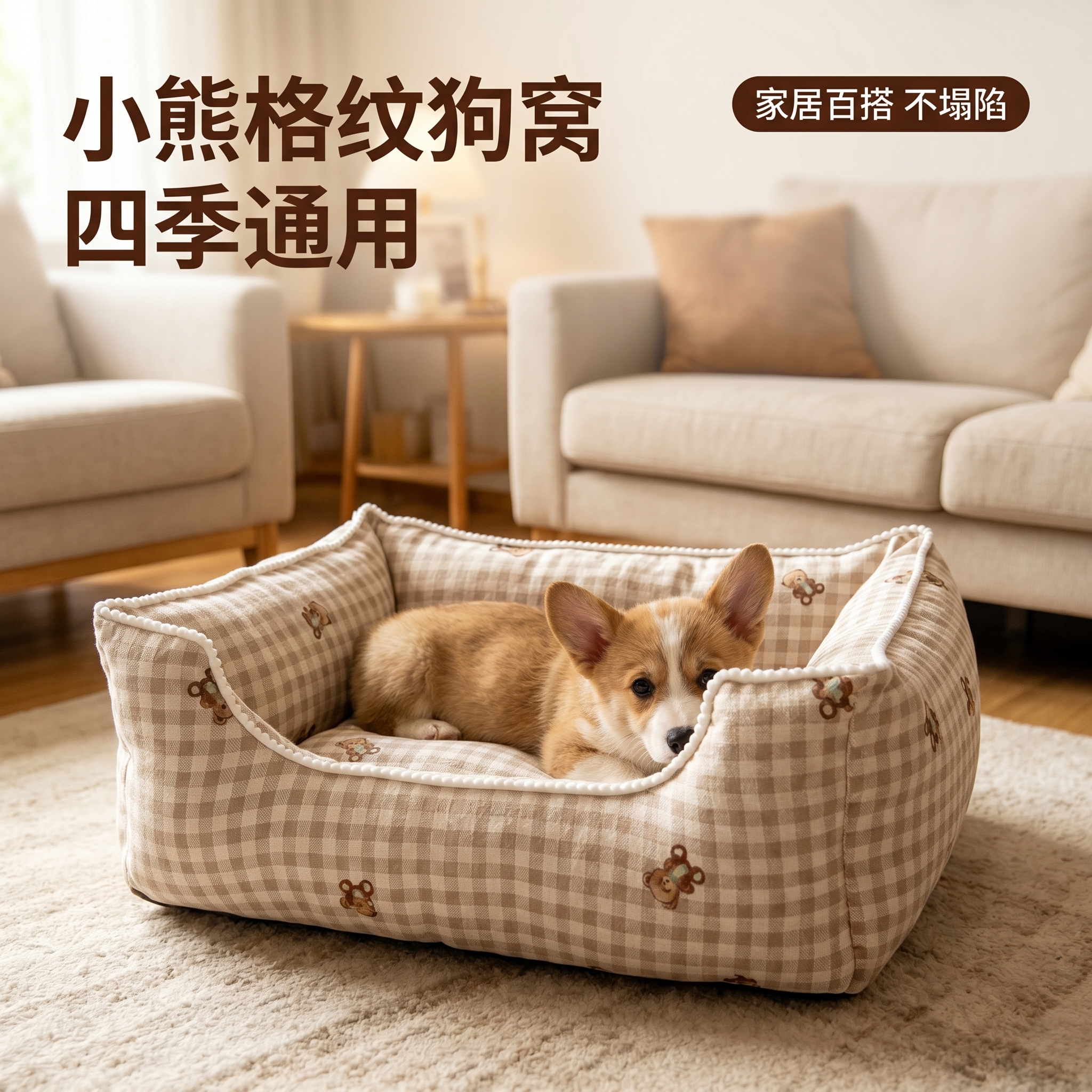 [主图-1]小熊格纹宠物窝首图场景展示 [氛围风格]温馨复古家… - 图片创意预览