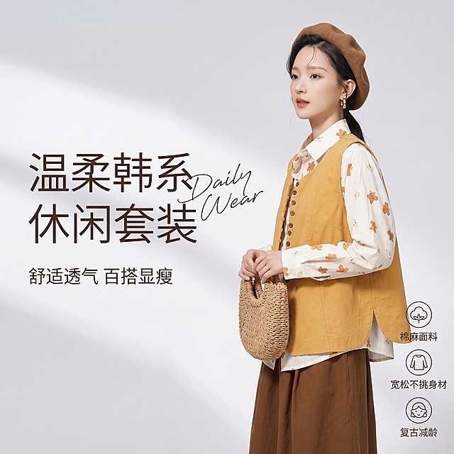 [单张主图] 秋季女装穿搭马甲衬衫贝雷帽草编包套装，高级氛围感主图，打造淘宝天猫高点击穿搭主图。
[画面主体] 保持原有模特人物外形、妆容、发色、肤色不变，保持姜黄色马甲、白底小熊印花衬衫、棕色半身裙、棕色贝雷帽、草编包的颜色、材质、款式与输入产品图完全一致，杜绝任何变形色差，模特姿势为手持草编包自然侧身站立，模特整体完整，头部无裁切，商品主体占比约50%。
[构图版式] 使用服饰穿搭专用左文右物场景型版式，左侧大面积留白放置文字信息，产品主体放右侧放大展示。
[场景元素] 背景为浅灰色渐变纯色墙，简洁干净不抢产品主体，保留自然柔和光影，无多余杂乱道具。
[文案版式] 左上留白处左对齐，主标题"温柔韩系 休闲套装"大号中文细无衬线，下方副文案"舒适透气 百搭显瘦"小号同字体；右下角三个线框轻图标卖点，分别对应棉麻面料、宽松不挑身材、复古减龄。主标题旁叠加英文手写体"Daily Wear"作装饰。文字均不遮挡模特与产品主体。
[光影质感] 主光为正面柔和自然光，均匀打亮模特和服装，呈现出服装面料的真实纹理质感，辅光为侧面漫反射补光，消除面部硬阴影，产品轮廓有自然浅投影，整体画面通透干净，景深适中，背景虚化突出主体。商业摄影质感，产品清晰真实，画面高级干净。
[配色字体] 主色浅灰留白，辅助色提取服装姜黄和棕色调，文字深棕色与浅色背景形成清晰对比；字体采用细无衬线字体，字重克制，主标题最大，副文案缩小一半，卖点文字最小，层级清晰。
[比例分辨率] 1:1比例，2K分辨率，文字清晰可辨，超高清。
[负向提示词] 变形，水印，文字错乱，产品图模糊，背景杂乱，模特换脸，服装颜色改变，产品结构变形，文字遮挡主体