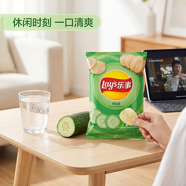 [主图-4] 乐事黄瓜味薯片生活场景体验图。
[氛围风格] 休闲惬意，生活化场景，代入感强；
[画质] 高清生活摄影质感，光线自然柔和，画面清新舒适。
[元素] 一只手从画面上方伸入，拿着一片黄瓜味薯片，准备送入口中，背景是干净的浅木色餐桌，桌面上放着完整的乐事黄瓜味薯片包装袋和半块切好的黄瓜，旁边放着一杯加冰的气泡饮用水，营造夏日休闲追剧场景。包装袋保持原有外观颜色不变，与场景光影自然融合。人物手部自然放松，动作真实。
[光影] 上午室内侧自然光，光线柔和明亮，通透不沉闷，冰杯杯壁带有冷凝水珠效果。
[配色] 整体清新浅色调，绿色产品点缀空间，木色暖调增加温馨感，清爽舒适。
[视角构图] Vlog第一人称视角，焦点落在手拿的薯片上，景深适中，背景稍微虚化突出主体。
[文字版式] 左上角浅绿半透明标签写"休闲时刻 一口清爽"，白色文字清晰易读。
[比例分辨率] 1:1 比例，2k分辨率，超高清。
[负向提示词] 变形，水印，文字错乱，产品模糊，背景杂乱。