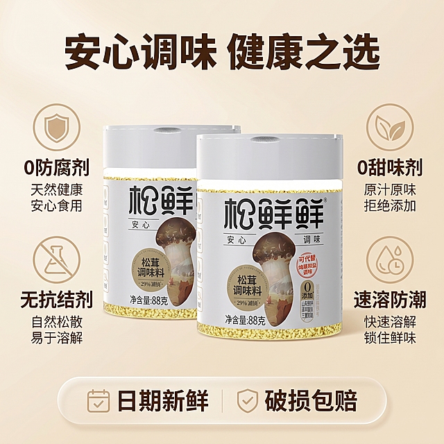 [主图-5] 松鲜鲜松茸调味料核心优势信任转化图
[氛围风格] 清晰直白总结优势，拼多多风格
[画质] 商业摄影质感、光线柔和通透、产品清晰真实、画面干净高级
[元素] 松鲜鲜松茸调味料产品居中展示，周围分区域展示五大核心优势图标化展示。保持产品外观与输入产品图绝对一致，杜绝变形色差。商品主体占比约60%，底部预留服务承诺区域，画面满屏无边框
[光影] 均匀明亮，所有文字和图标都清晰可读
[配色] 主色浅米色背景，深棕文字，不同优势用浅色图标区分，清晰不乱
[视角构图] 居中对称构图，稳定舒适
[文字版式] 顶部大字写“安心调味 健康之选”深棕色粗体，产品四周分四个区域标注优势：0防腐剂 0甜味剂 无抗结剂 速溶防潮，每个优势配小图标和小字说明。底部半透明悬浮条两端留空，横向排列服务承诺“日期新鲜 破损包赔”，文字清晰不遮挡主体
[比例分辨率] 1:1比例，1500*1500px，2k分辨率；文字清晰锐利，画面超高清
[负向提示词] 变形，水印，文字错乱，产品图模糊，背景杂乱，绝对化违禁词，遮挡主体