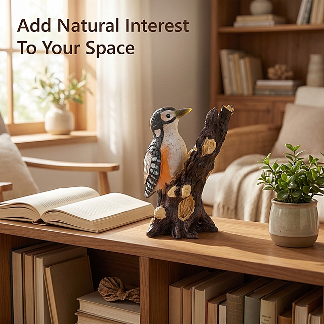 [Main Image 3] Woodpecker resin ornament placed in study scene display. 
[Atmosphere style] Warm natural home life atmosphere, quiet reading space atmosphere.
[Quality] Commercial photography texture, soft natural afternoon light, real space sense, clear picture, high-end and comfortable.
[Elements] Woodpecker resin ornament placed on the solid wood bookshelf of the study, next to it with a open book and a small green plant potted plant, the environment is simple and elegant. Keep the product appearance (physical structure, material texture, color) absolutely consistent with the input product image, eliminate any deformation and color difference, meticulous processing. Product as the core focus, surrounding home elements foil the space atmosphere, reflecting the good matching effect of the product in the study space. 
[Light and shadow] Natural soft light coming in from the side window, warm tone, soft light and shadow level, outlining the product outline, space has natural depth sense.
[Color matching] Main color wood warm yellow tone, product retains original black, white, warm orange, dark brown, echo the space color.
[Perspective composition] Eye-level perspective, the product is located in the visual center, front space, layered front and back, clear focus.
[Text layout] One line of core slogan English in the upper left corner negative space: "Add Natural Interest To Your Space", font color dark brown, simple and generous, do not block the product, in line with Amazon cross-border platform specifications.
[Proportional resolution] 1:1 ratio, 2K resolution, ultra-high definition.
[Negative prompt] Deformation, watermark, text confusion, blurred product image, messy background, too many elements grab the focus, excessive marketing text.