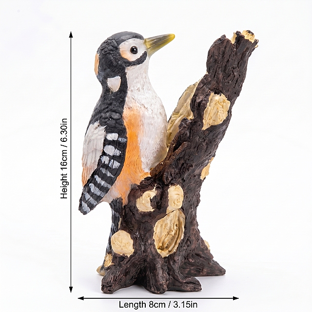 Based on the original image, add dimension lines marking the product size: 1. Mark the vertical height dimension line on the left side of the woodpecker resin ornament, marked with text "Height 16cm / 6.30in"; 2. Mark the horizontal length dimension line at the bottom of the product base, marked with text "Length 8cm / 3.15in"; 3. Keep the product appearance (physical structure, material texture, color) completely consistent with the original image, pure white background remains unchanged, the dimension line is clean and clear, the text is clearly visible, in line with Amazon cross-border product size drawing standards; 4. Soft studio light, high-definition picture, no deformation, no extra elements. Prompt