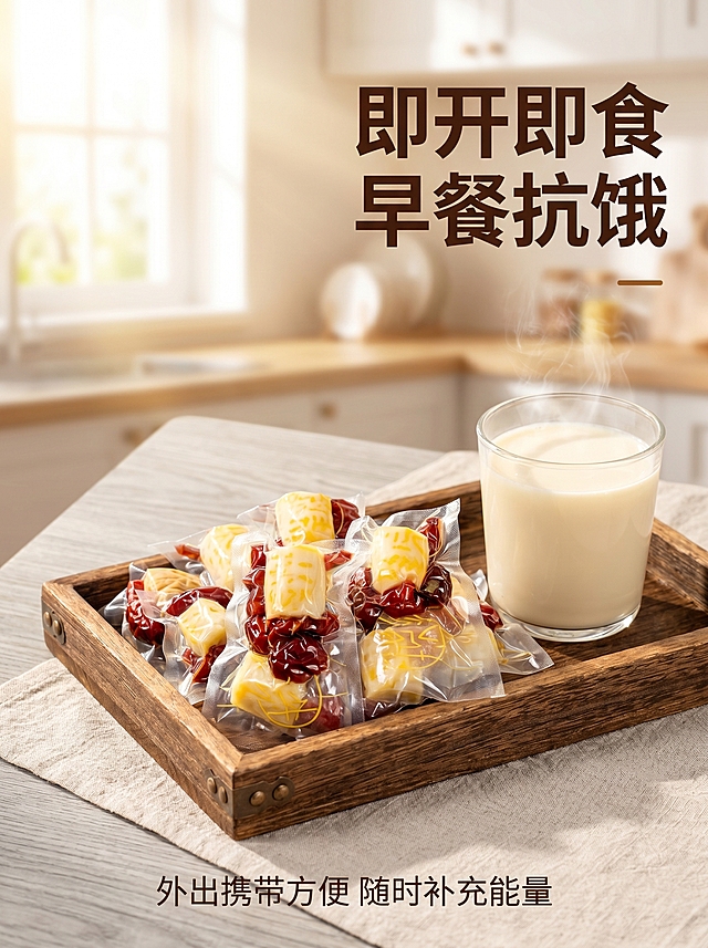 [主图-5] 早餐场景展示，突出方便即食特点。
[氛围风格] 温馨日常 生活感；
[画质] 商业摄影质感、光线柔和通透、产品清晰真实、画面干净高级。
[元素] 清新早餐桌面场景，木质餐盘里摆放几块鲜蒸芸豆红枣山药，旁边搭配一杯热豆浆，阳光从厨房窗户照进来，营造温暖舒适的晨间氛围。产品保持原有外观和颜色不变，精细化处理。商品主体占比约65%，画面满屏无边框。
[光影] 晨间柔和自然光，空气通透，暖调光影营造温馨生活氛围感，整体明亮干净。
[配色] 原木浅灰桌面，搭配暖黄色晨光，整体清新温暖色调。
[视角构图] 略微俯视的生活视角，场景层次分明，主体突出，营造沉浸式早餐体验。
[文字版式] 右上大字文案"即开即食 早餐抗饿"，深棕色粗体；底部小字文案"外出携带方便 随时补充能量"，浅棕色细体，文字放置在负空间不遮挡主体。
[比例分辨率] 3:4 比例，2k 分辨率；文字清晰锐利，画面超高清。
[负向提示词] 变形，水印，文字错乱，产品图模糊，背景杂乱
