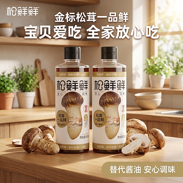 [主图-1] 金标松茸一品鲜调味品首图，场景代入食欲感。[氛围风格] 自然清新厨房风格，突出安心健康质感；[画质] 商业摄影质感、光线柔和通透、产品清晰真实、画面干净高级。[元素] 两瓶金标松茸一品鲜产品居中摆放，放置在温馨原木厨房台面上，旁侧点缀新鲜松茸食材，商品主体占比约70%，画面满屏无边框。保持松鲜鲜金标松茸一品鲜产品外观（物理结构、材质质感、颜色）与输入产品图绝对一致，杜绝任何变形和色差，精细化处理。[光影] 自然厨房光线从侧上方照射，形成柔和光影，突出瓶身通透质感和松茸新鲜度，整体干净通透。[配色] 主色调为自然绿色、原木暖棕色，搭配产品本身的白色和金色，清新自然。[视角构图] 平视角度，产品为视觉中心，景深适中，产品完整不裁切。[文字版式] 左上角提取"松鲜鲜"品牌Logo，保持原字形和配色。顶部大字主文案 "金标松茸一品鲜" 白色粗体最大字号；下方醒目大字文案 "宝贝爱吃 全家放心吃" 白色粗体，字色与背景形成强烈对比，文字不遮挡产品主体；底部右侧辅助文案 "替代酱油 安心调味" 浅棕色小号字体。[比例分辨率] 1:1比例，2k分辨率；文字清晰可辨，超高清。[负向提示词] 变形，水印，文字错乱，产品图模糊，背景杂乱