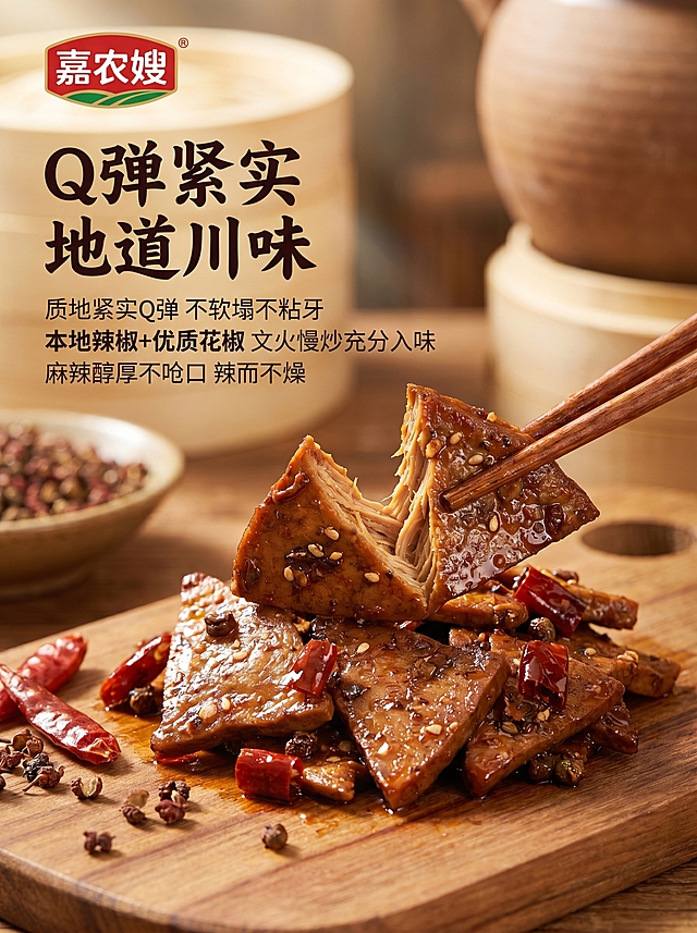 [主图-1] 核心口感风味展示，Q弹紧实超有嚼劲的麻辣豆腐干
[氛围风格] 川味烟火风，食欲感拉满，简约干净，实拍质感
[画质] 商业摄影质感，光线柔和通透，产品清晰真实，画面干净高级
[元素] 画面中心展示一块被筷子掰开的豆腐干，展示柔韧紧实的质地，旁边搭配四川干辣椒、花椒实拍，突出正宗川味调味。左上角放置提取的嘉农嫂品牌Logo，保持原品牌字形配色不变，不遮挡产品主体。保持豆腐干产品外观、质地、颜色与输入产品图绝对一致，杜绝任何变形和色差，精细化处理。商品主体占比严格控制在60%-80%之间，画面满屏无边框
[光影] 使用自然暖调逆光，突出豆腐干的油亮光泽，让辣椒和花椒的纹理更通透，暖光营造烟火食欲感，主光突出产品，辅光柔和填充，高光不溢出，暗部有层次
[配色] 主色调为红辣色+暖黄色，暖木色背景衬托，红亮油光增加食欲
[视角构图] 平视微俯视角度，景深适中，产品为视觉中心，前景产品清晰，背景浅景深虚化突出主体
[文字版式] 左上负空间左对齐留安全边距，大字主文案"Q弹紧实 地道川味"，最大号粗体深色书法字；下方分点展示卖点："质地紧实Q弹 不软塌不粘牙"、"本地辣椒+优质花椒 文火慢炒充分入味"、"麻辣醇厚不呛口 辣而不燥"，每句卖点字号缩小，加粗突出关键词，避免文字堆砌，图文穿插排版，文字清晰不遮挡主体
[比例分辨率] 3:4比例，2k分辨率，文字清晰可辨，超高清
[负向提示词] 变形，水印，文字错乱，产品图模糊，背景杂乱，文字堆砌