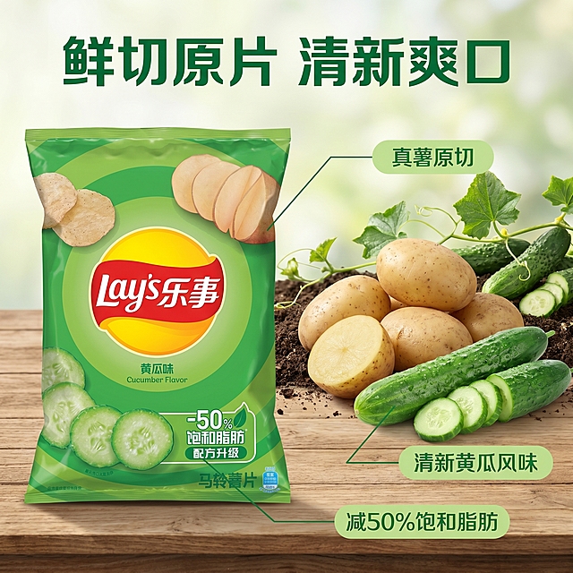 [主图-2] 乐事黄瓜味薯片核心亮点溯源图。
[氛围风格] 新鲜自然，真实可信，突出品质感；
[画质] 商业摄影质感、光线柔和通透、细节清晰真实，画面干净高级。
[元素] 左侧完整展示乐事黄瓜味薯片包装袋，右侧搭配新鲜土豆和黄瓜原料背景，展示产地直采的新鲜食材。包装袋保持原有外观和配色不变，绝对一致无变形。使用极细绿色引线对应标注产品核心亮点：引线指向土豆标注"真薯原切"，引线指向黄瓜标注"清新黄瓜风味"，引线指向包装文字标注"减50%饱和脂肪"。商品与原料搭配层次分明，产品主体突出。
[光影] 自然散射光，整体明亮清新，突出食材新鲜色泽，无生硬阴影。
[配色] 主色调为清新自然绿色，搭配土豆暖黄色，红色品牌Logo做点缀，色彩和谐清爽。
[视角构图] 横向平衡构图，主体产品偏左，原料在右，层次分明，产品完整不裁切。
[文字版式] 顶部居中大字文案写"鲜切原片 清新爽口"，深绿色粗体无衬线。每个引线末端搭配浅色圆角标签，深色文字清晰标注卖点。
[比例分辨率] 1:1 比例，2k分辨率，文字清晰锐利，超高清。
[负向提示词] 变形，水印，文字错乱，产品图模糊，背景杂乱。